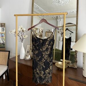 S For Love & Lemons Gold and Black Mini Dress with Lace Detail